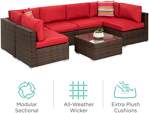 Best Choice Products 7-Piece Modular Outdoor Sectional Wicker Patio Furniture Conversation Set w/ 6 Chairs, 2 Pillows, Seat Clips, Coffee Table, Cover Included - Brown/Red