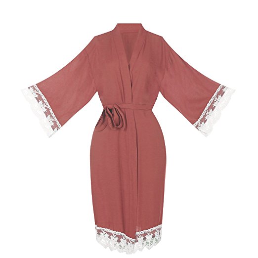 ellenwell Women's Cotton Knit Kimono Robe for Bride and Bridesmaid with Lace Trim Nightwear