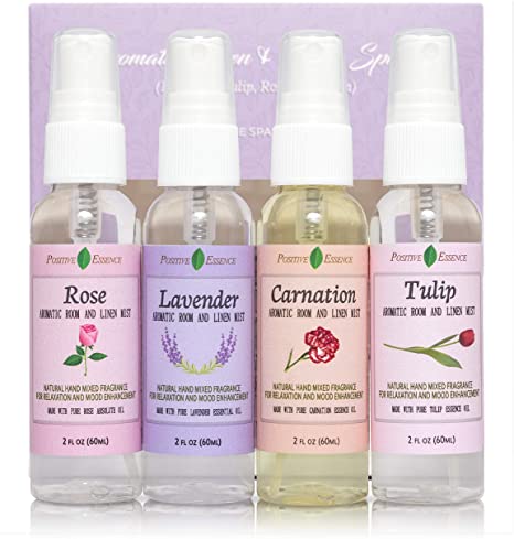 Linen and Room Spray Floral Scents Gift Set, 4-Pack 60 mL (Lavender, Carnation, Rose, & Tulip) Natural Pillow Sprays Made with Pure Essential Oils & Minimal Ingredients, Bathroom Spray or Room Mist