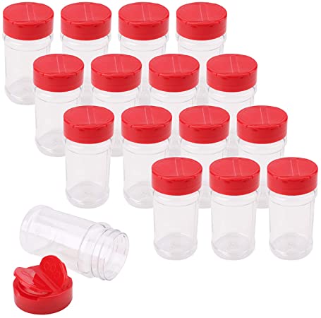 Bekith 16 Pack Spice Jars for Storing Spice, Herbs and Powders - 6 Oz BPA free Plastic Spice Containers with Red Flip Top Cap to Pour or Shaker/Sifter
