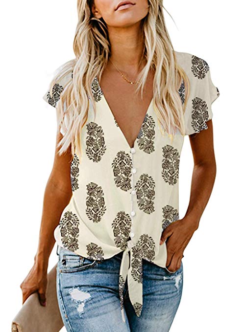 Women's Summer Deep V Neck Flutter Sleeve Button Down Front Tie Casual Tops Shirts and Blouses
