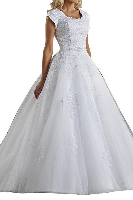 MILANO BRIDE Modest Jewel Ball Gown Short Sleeves Church Hall Wedding Dresses