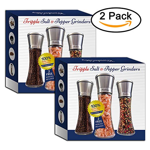 Salt Shaker and Pepper Grinder - 2 Sets of 3 Mills with Brushed Stainless Steel Covered Sealing Caps | 6 Oz Tall Glass Body & 5 Grade Adjustable Ceramic Blade | FREE EBOOK,CLEANING BRUSH & FUNNEL