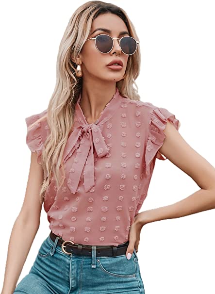 Milumia Women's Casual Swiss Dots Tie Neck Ruffle Trim Cap Sleeve Blouse Work Tops