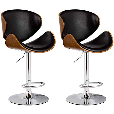 COSTWAY Bar Stool Adjustable Height Swivel Walnut Bentwood PU Leather Home Bar Stool with Curved Black Vinyl Seat and Back Set of 2(2)