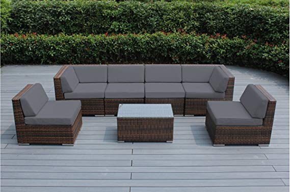 Ohana Outdoor Patio Sofa Wicker Furniture Mixed Brown 7pc Couch Set (Gray)