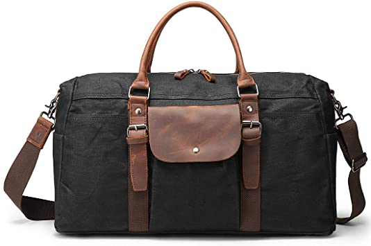 Oversized Travel Duffel Bag Waterproof Waxed Canvas Overnight Carryon Weekend Hand Bags Vintage Leather Trim Black