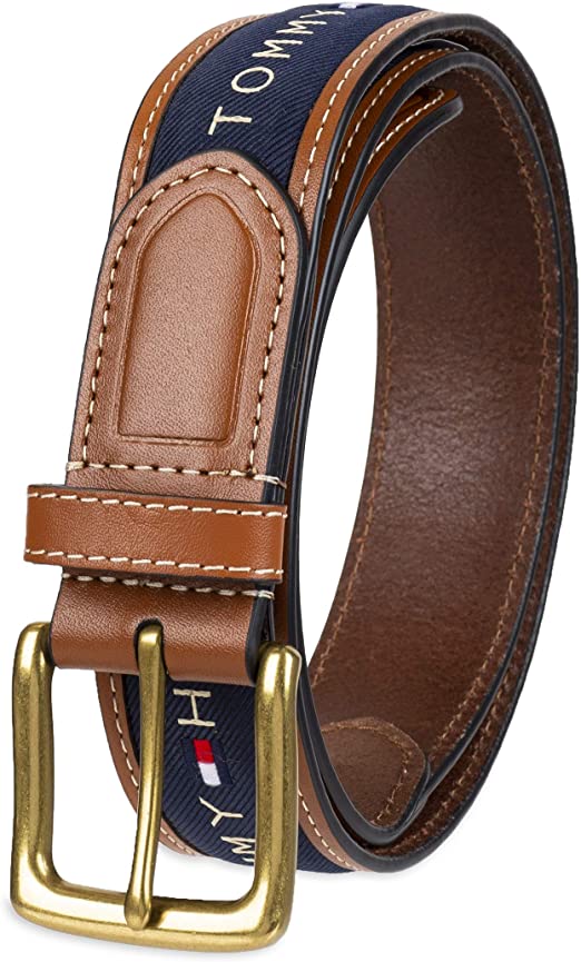 Tommy Hilfiger Men's Ribbon Inlay Fabric Belt with Single Prong Buckle