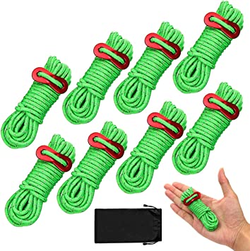 BHGWR 8 Pack Reflective Tent Guy Ropes, Light-Weight Tent Guide Lines Cord with Aluminum Tensioners Adjuster, 13 Feet Green Guy Rope Ideal for Outdoor Camping Hiking Awning Tents