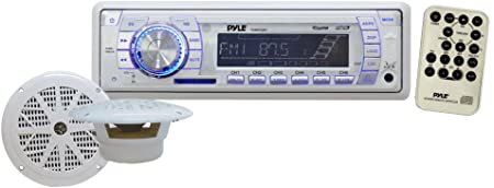 Marine Receiver & Speaker Kit - In-Dash LCD Digital Display Stereo w/ Clock Function AM FM Tuning Radio 6.5" Speaker System USB/SD/MMC Readers Panel Button & Remote Control - Pyle White PLMRKT33WT