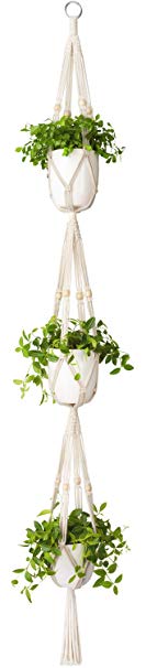 Mkono Macrame Plant Hanger 3 Tier Indoor Outdoor Hanging Planter Basket Cotton Rope with Beads 70 Inches