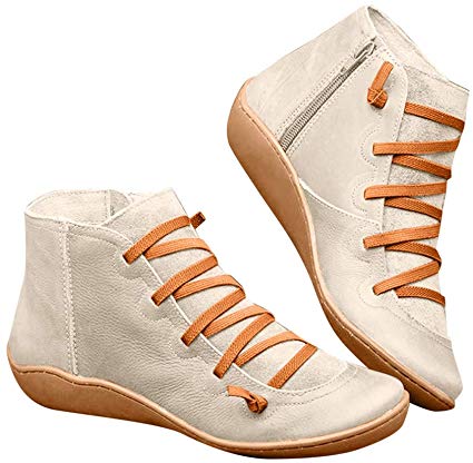 Womens Walking Arch Support Boots Leather Comfort Damping Shoes Retro Side Zip Platform Wedge Booties Casual Shoes