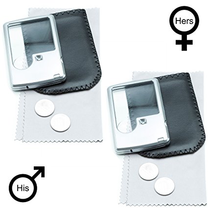His & Her Pocket Magnifier Bundle: Includes 2 Pocket Magnifiers with Lighted 6x 3x Lenses   Storage Pouches, Batteries, Free Bonus & Guarantee; Perfect 6X & 3X Magnifying Glass Set