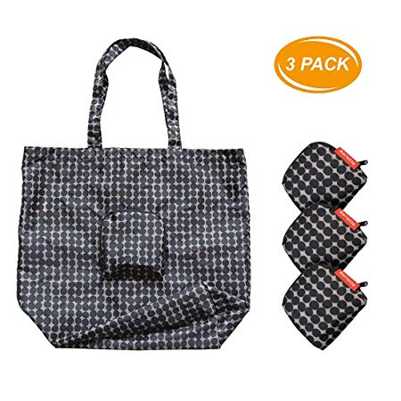 Bellotte Fashion Super Light Weight Reusable Folding Shopping Bag Travel Bag Grocery Bags Shopper Tote 3 Pack (Black dot)