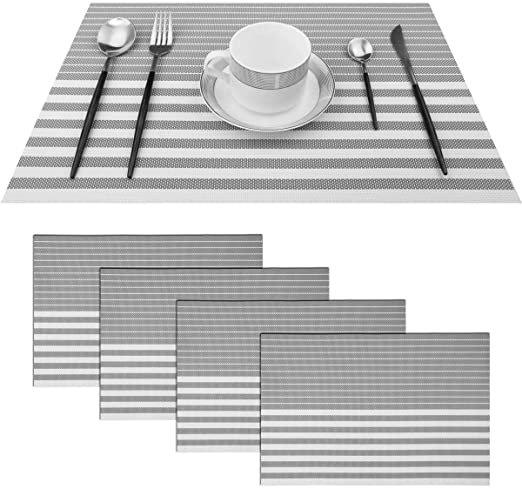 pigchcy Grey and White Placemats Set of 4 Vinyl Woven Heat-Resistant Placemat Washable Easy to Clean Table Mats for Dining Room (18 x 12 inch)