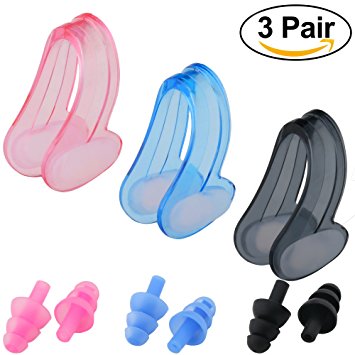 3 Pairs of IPOW Soft Silicone Swim Nose Clip Ear Plugs Set for Swimming Comfortable for Adults & Kids,3 Colors for Pink,Blue and Black