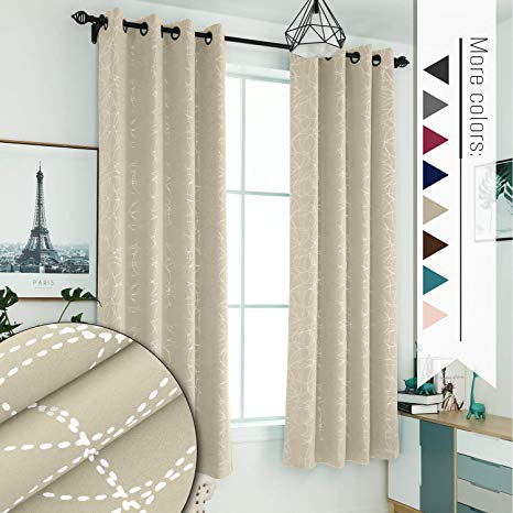 Sophia & William 52" W x 84" L Blackout Curtains with Grommets Thermal Insulated, Hot Stamping (Silver) Stitched Swirl Pattern - 2 Panels, Pearled Ivory