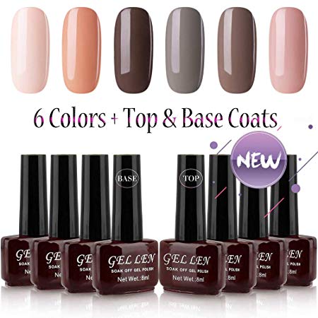 Gellen UV Gel Nail Polish Set 6 Colors   Top Coat Base Coat, Coffee Caramel Series Home Nail Gel Manicure Kit