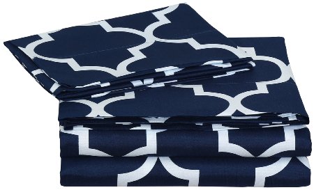 Printed Bed Sheet Set Full - Brushed Velvety Microfiber - Luxurious, Comfortable, Breathable, Soft & Extremely Durable - Wrinkle, Fade & Stain Resistant - Hotel Quality By Utopia Bedding (Navy)