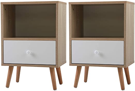 JAXPETY Set of 2 Wood Nightstand with Storage Drawer & Solid Wood Legs, Modern End Table for Living Room Bedroom Home Furniture (Wood   White, 2-Pack)