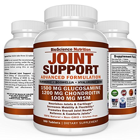 Joint Support Supplement | MSM 1000mg | Glucosamine 1500mg | Chondroitin 1200mg |Turmeric for Pain Relief 180 capsules | BioScience Nutrition