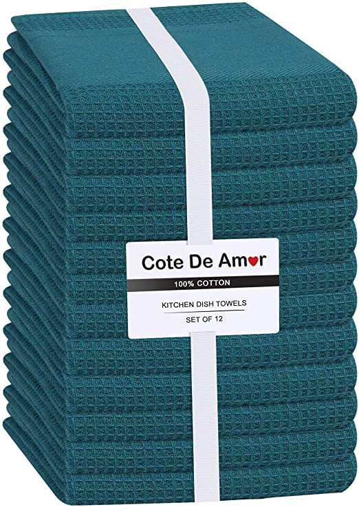Cote De Amor 12 Pack Kitchen Dish Towels 100% Cotton 16x26 Absorbent Durable Washable, Tea Towels, Dish Cloths, Bar Towels, Cleaning Towels, Kitchen Towels with Hanging Loop, Teal Green