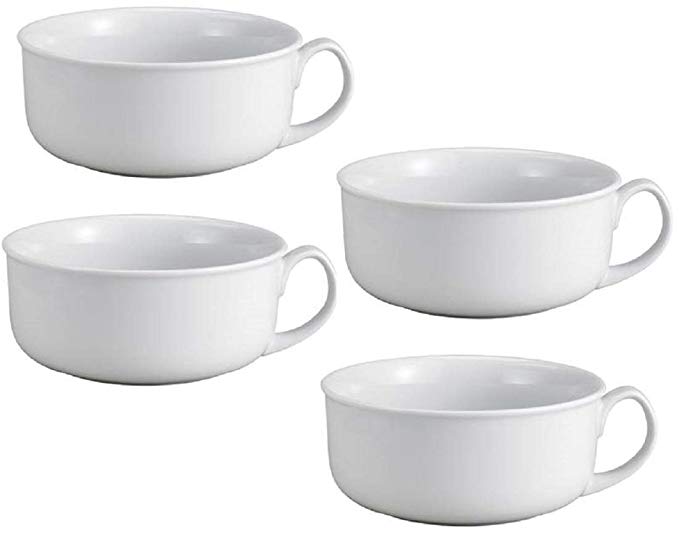 Set of 4 Oversized Hotel Breakfast Cereal Mugs Bowls with Handle, 28-Ounce, Fine White Porcelain
