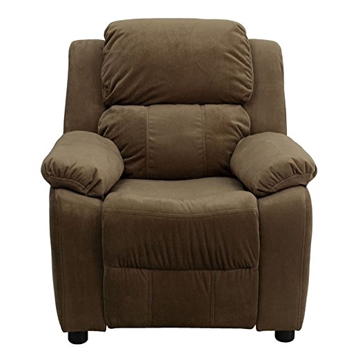 Deluxe Heavily Padded Contemporary Brown Microfiber Kids Recliner with Storage Arms