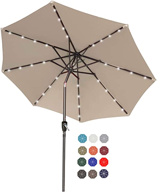 ABCCANOPY 7.5FT Patio Umbrella Ourdoor Solar Umbrella LED Umbrellas with 32LED Lights, Tilt and Crank Table Umbrellas for Garden, Deck, Backyard and Pool(Khaki)