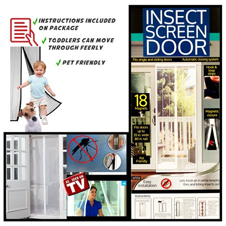 Magnetic Screen Door for white doors - Heavy Duty Mesh & Velcro Fits Doors Up to 34"x82" Bug Screen Comes With a 12 Month Warranty.