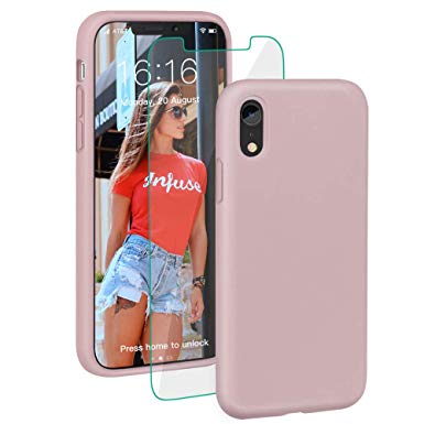 ProBien Case for iPhone XR, Silicone Gel Rubber Shockproof Shell with Free Tempered Screen Protector for New iPhone XR 2018 (6.1")-Sand Pink