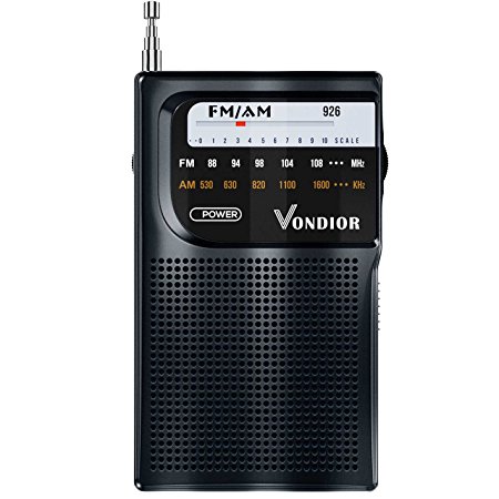 AM / FM Portable Pocket Radio - Best reception and Longest Lasting. AM FM Compact Radio Player (Analog ) Operated by 2 AA Battery, Mono Headphone Socket, Perfect Father Gift by Vondior (Black)