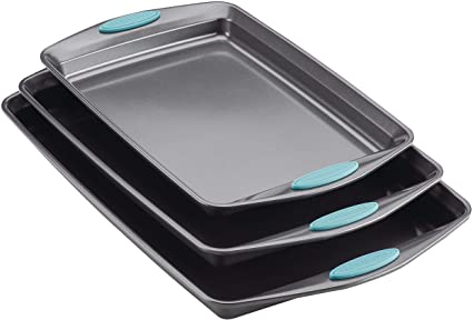 Rachael Ray Bakeware Nonstick Cookie Pan Set, 3-Piece, Gray with Agave Blue Grips