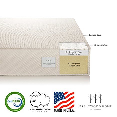 Brentwood 8" HD Memory Foam Mattress - 100% Made in USA - CertiPur Foam - 25-Year Warranty, Natural Bamboo Cover, Twin Size 38 x 75 x 8