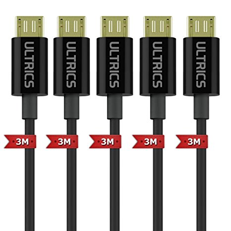 Micro USB Cable ULTRICS® 3M (9FT) (5Pack) Premium USB 2.0 A Male to Micro B EMI & EMC shielding Metal Braid, Foil, Gold Plated Data Sync Charging Micro USB Cable Android, Samsung, HTC, Tablets, PS4