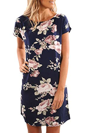 JustVH Women's Fall Floral Print Short Sleeve Round Neck Casual Work A-Line T Shirt Dress
