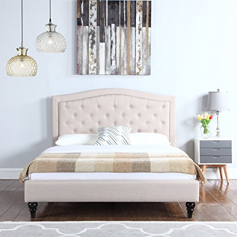 Classic Dark Ivory Color Box-Tufted Fabric Bed Frame (Full)