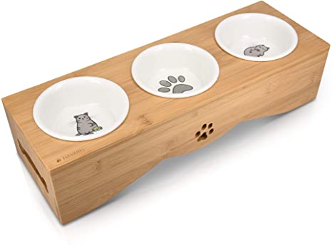 Navaris Cat Bowls with Stand - Elevated Triple Feeder for Cats - Ceramic Pet Bowl Dishes 3-Pcs Set with Printed Designs and Raised Bamboo Wood Holder