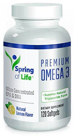 Spring of Life Premium Omega 3 Softgels with EPA & DHA, No fish burps! 120 soft gel capsules with natural lemon flavor