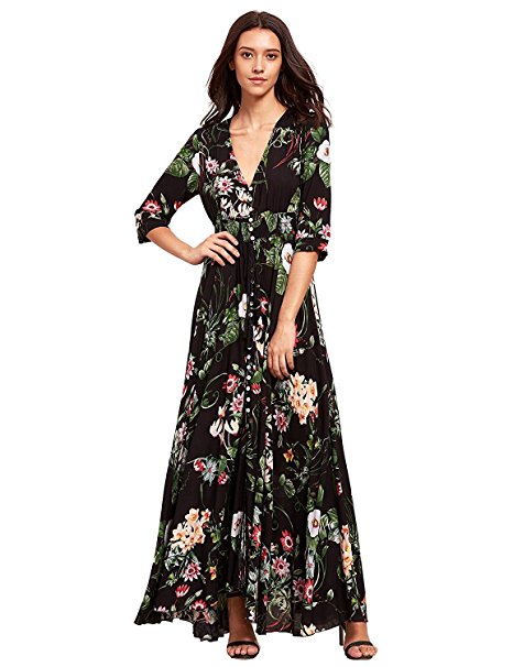 Trary Women's Casual Floral Dress V-Neck Botton Up Split Long Maxi Dresses