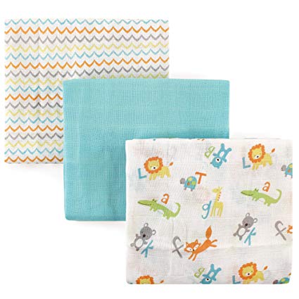 Luvable Friends 3 Piece Muslin Swaddle Blankets, ABC, One Size
