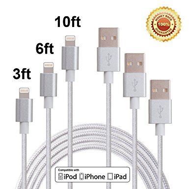 Red Gem 3Pack 3FT 6FT 10FT Extra Long Nylon Braided 8Pin to USB Power Cable Cord with Aluminum Heads for iPhone 6/6s/6 Plus/6s Plus/5/5c/5s, iPad 4 Mini Air iPod Nano 7 iPod Touch 5 (Sliver)