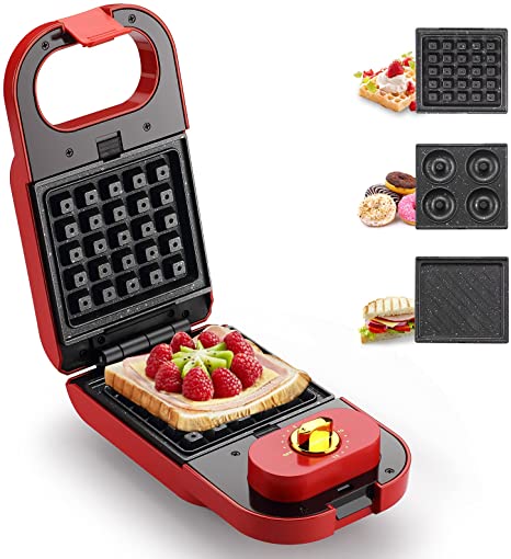 Homeleader Sandwich Maker, Waffle Maker, Donut Maker, 3-in-1 Detachable Non-stick Coating, LED Indicator Lights, Cool Touch Handle, Anti-skid Feet