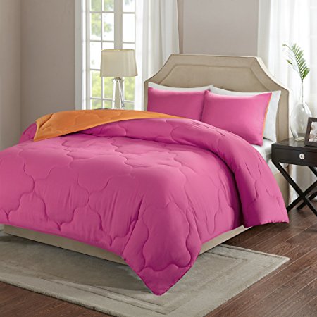 Comfort Spaces – Vixie Reversible Down Alternative Comforter Mini Set - 2 Piece – Pink and Orange – Stitched Geometrical Pattern – Twin/Twin XL size, includes 1 Comforter, 1 Sham