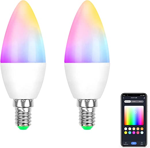 Smart Bulb E14 WiFi LED Candle Bulbs, Music Sync Dimmable 5W 300lm, RGB Warm/Cool White Colour 2700K-6500K Works with Apple HomeKit/Alexa/Google Home, Colour Changing No Hub Required 2 Pack