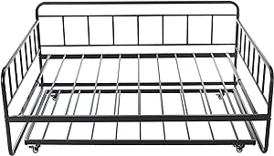 Amazon Basics Full Daybed and Twin Size Trundle Bed Frame Set, Steel Slat Support, 35.4"H, Black