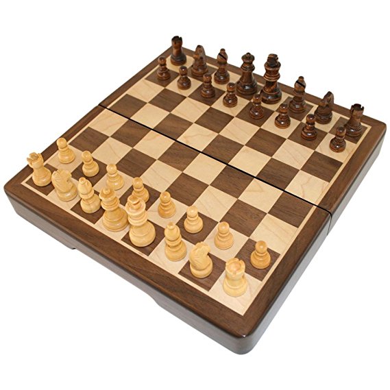 Frances 8 Inch Chess Folding Magnetic Inlaid Wood Board Game with Wooden Pieces - Travel Size