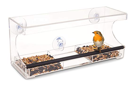 LIVIVO Large 3 Compartment Window Bird Feeder - Hanging Clear Acrylic Seed and Drinking Water Perch with Heavy Duty Suction Cups and Removable Tray for Easy Cleaning - No Assembly Required