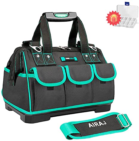 AIRAJ 14-in Tool Bag with Sturdy Base for Power/Hand Tools, Small Size Waterproof Wear-resistant Canvas Tote Suitable for Garden Worker Woodworking Tool Organizer (Green & Black)