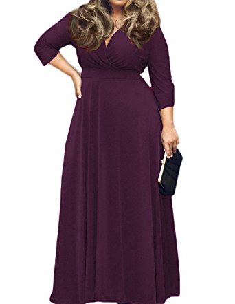 POSESHE Women's Solid V-Neck 3/4 Sleeve Plus Size Evening Party Maxi Dress